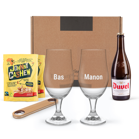 Bier borrelpakket met gegraveerde glazen