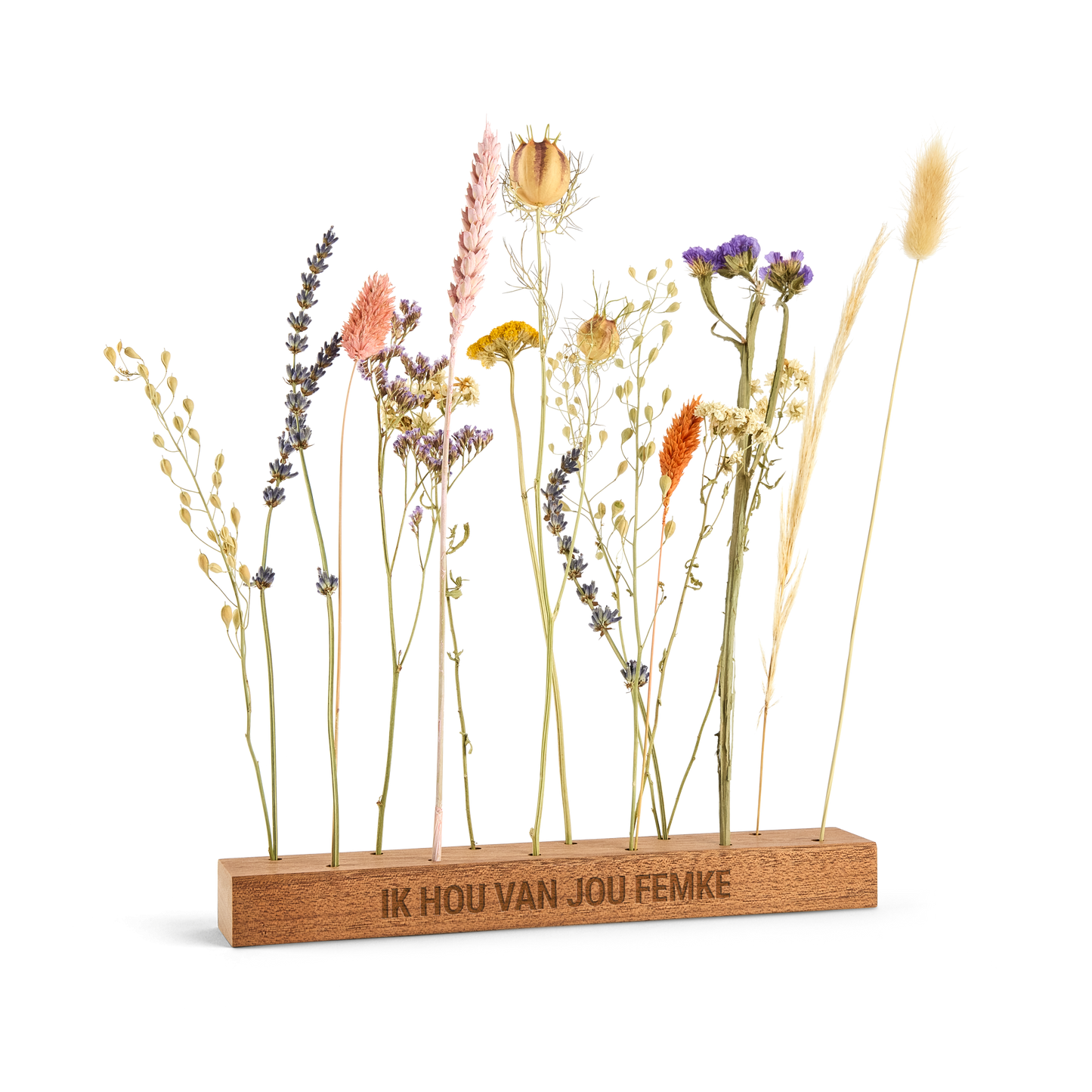 Droogbloemen in gepersonaliseerde houten houder met naam