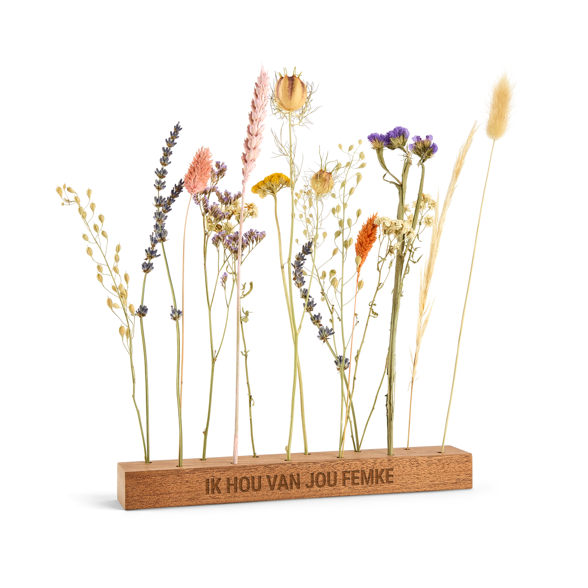 Droogbloemen in gepersonaliseerde houten houder met naam