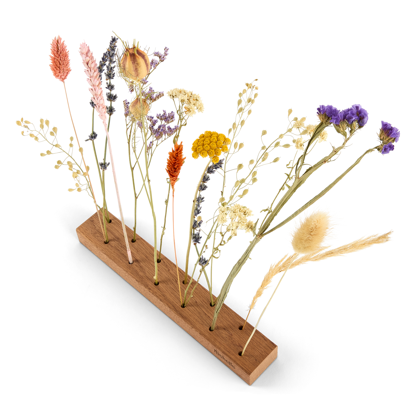 Droogbloemen in gepersonaliseerde houten houder met naam