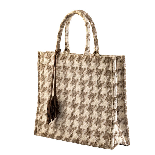 Tote Bag Beige Pied de Poule 43x34x15cm
