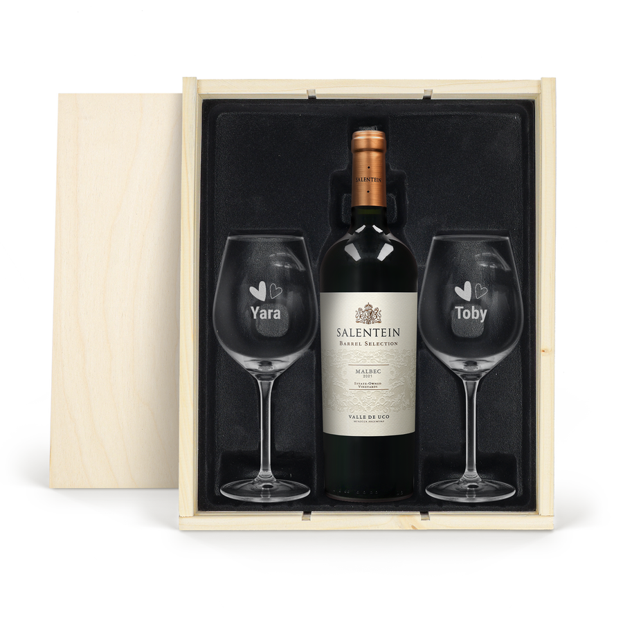 Salentein Malbec met gegraveerde glazen