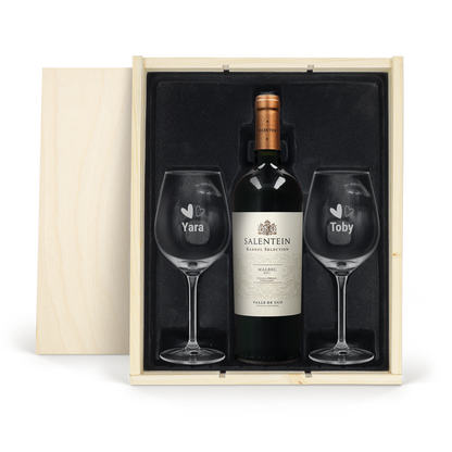 Salentein Malbec met gegraveerde glazen