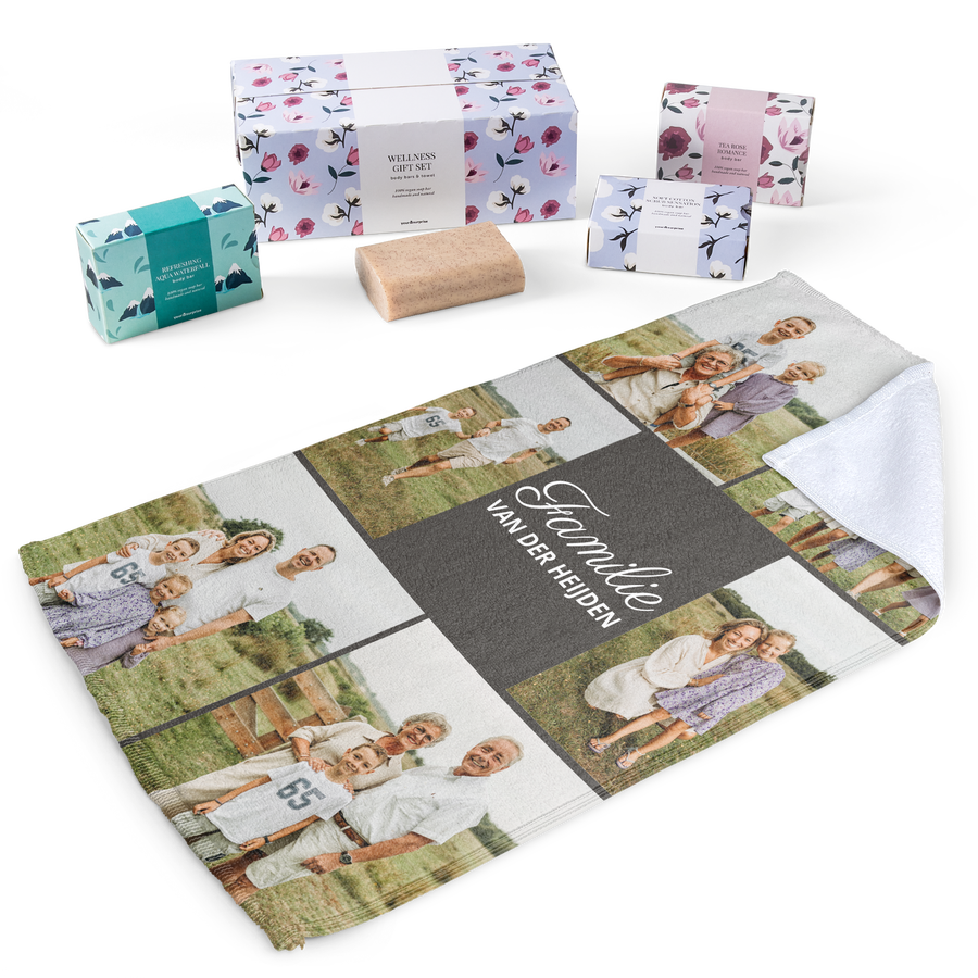 Cadeauset van zeep met gepersonaliseerd gastenhanddoekje